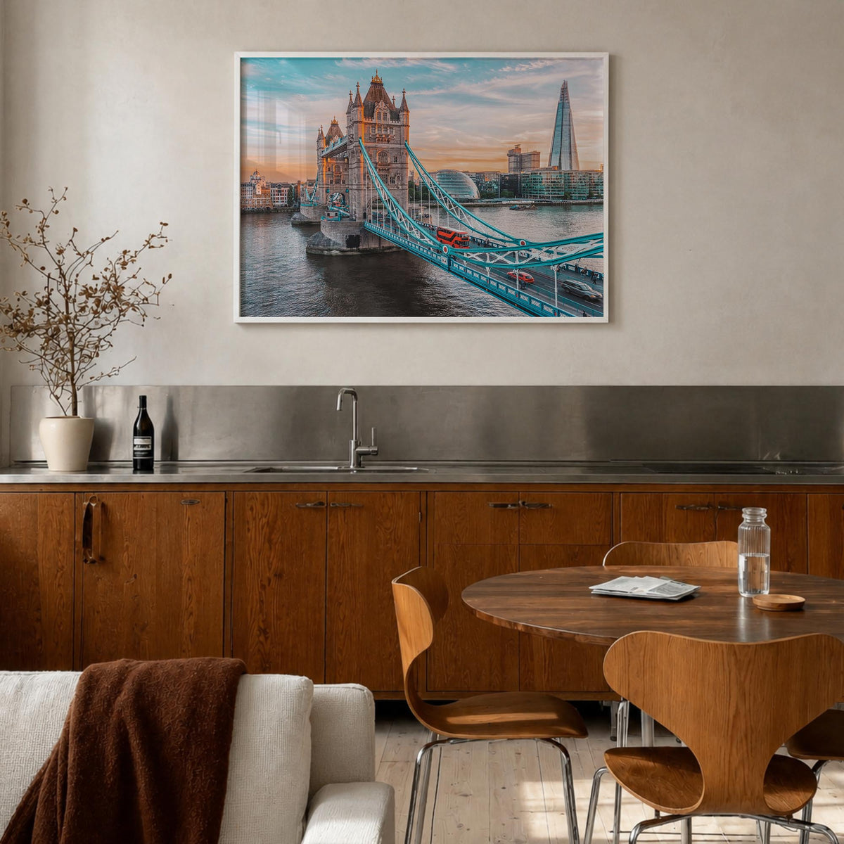 London colorful photo poster of England, UK – horizontal wall art in white wood frame, hanging on wall