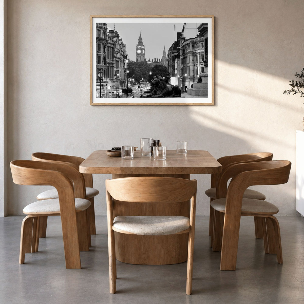 London Photo No 1 Poster in a natural wood frame, hanging in a dining room, white border