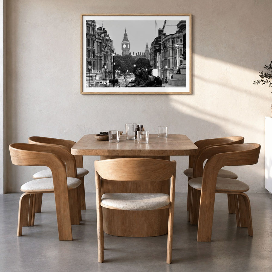 London Photo No 1 Poster in a natural wood frame, hanging in a dining room, white border
