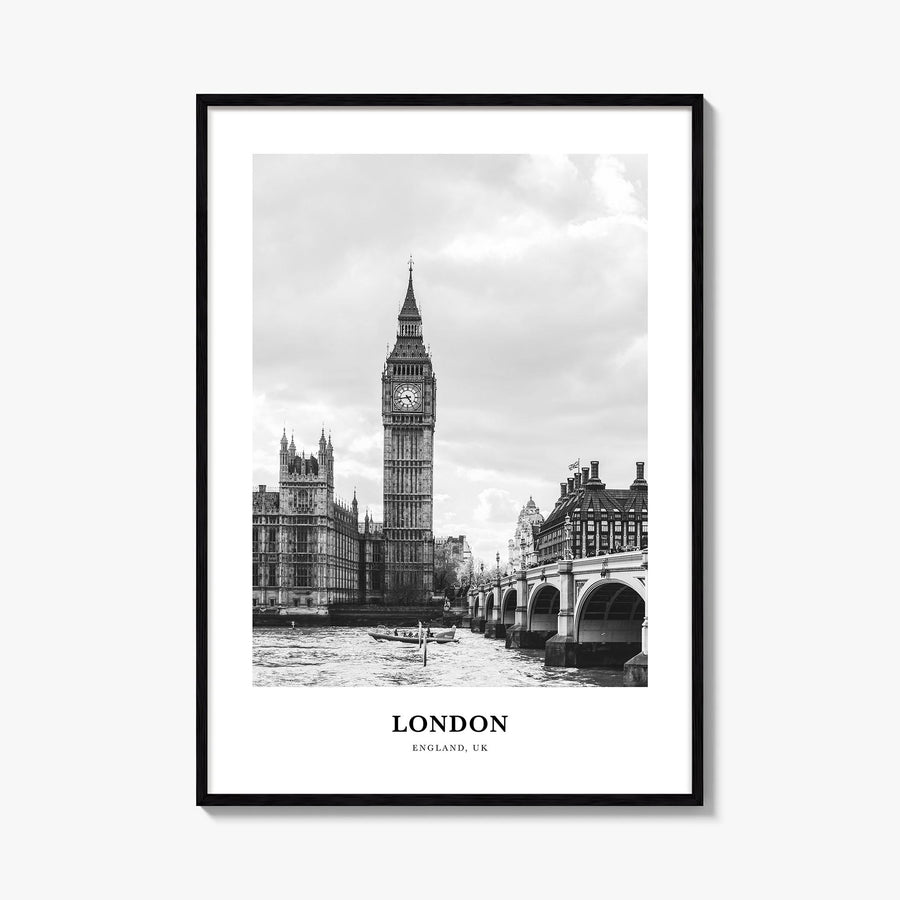 London no. 1 black & white classic poster of England, UK – vertical wall art, unframed print shown in interior mockup