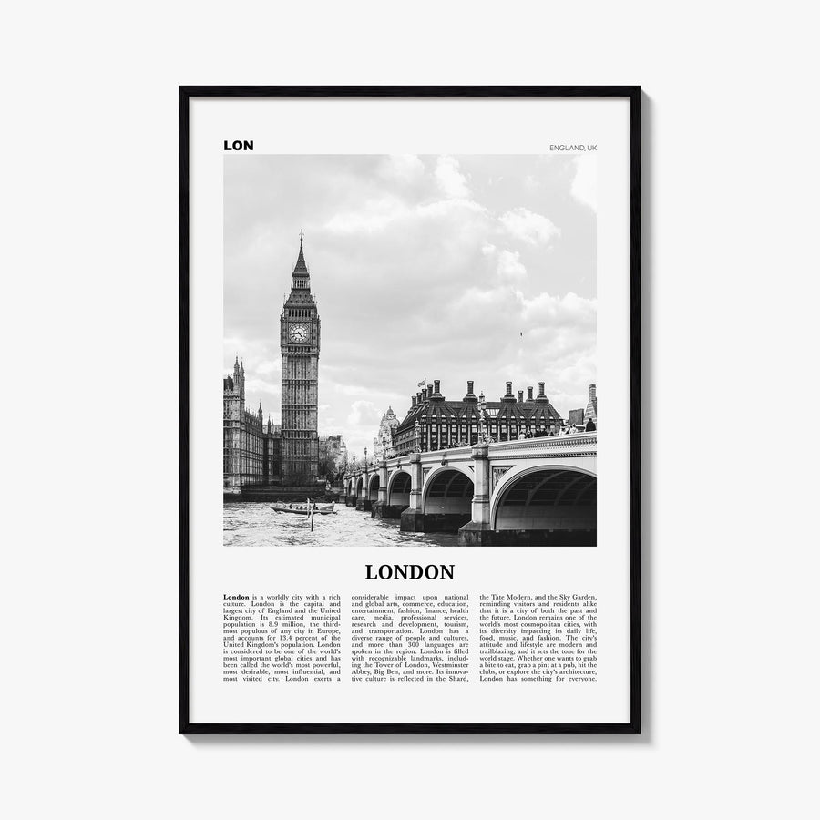 London no. 1 black & white newspaper poster of England, UK – vertical wall art, unframed print shown in interior mockup