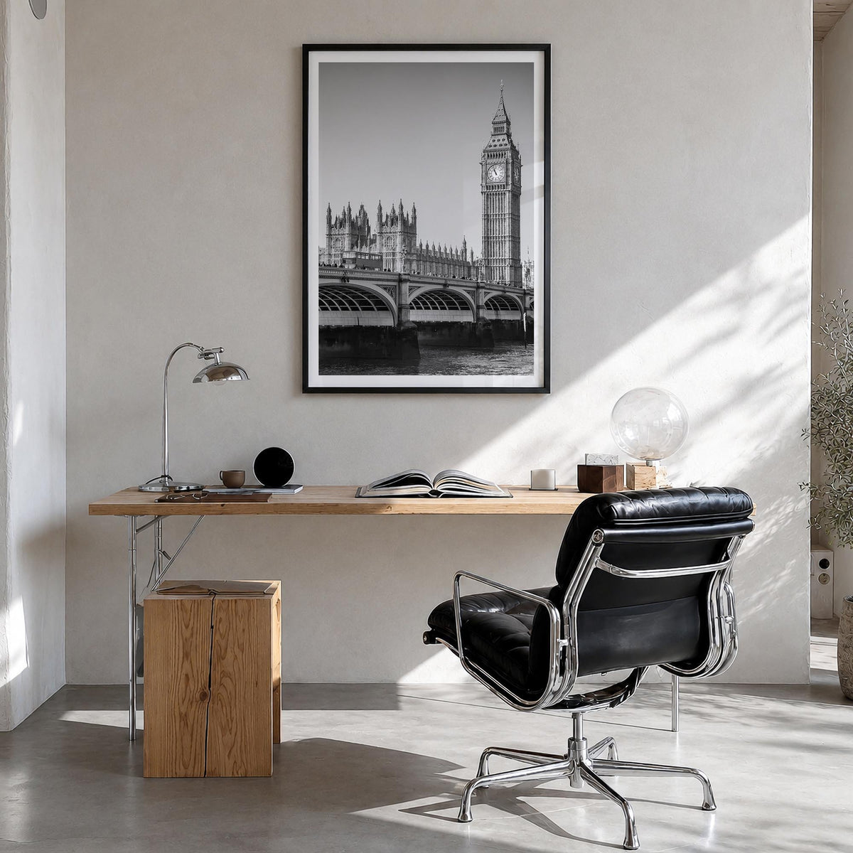 London no. 1 black & white photo poster of England, UK – vertical wall art in black wood frame with white border, hanging on 