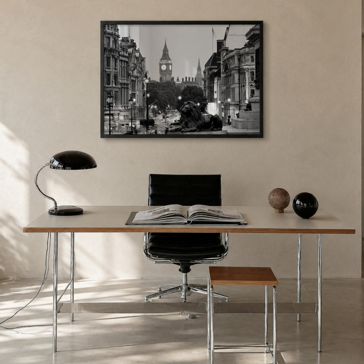 London no. 1 black & white photo poster of England, UK – horizontal wall art in black wood frame, hanging on wall
