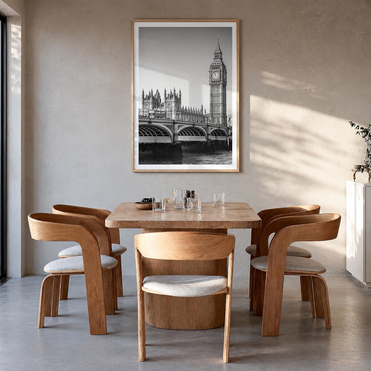 London no. 1 black & white photo poster of England, UK – vertical wall art in natural wood frame with white border, hanging o