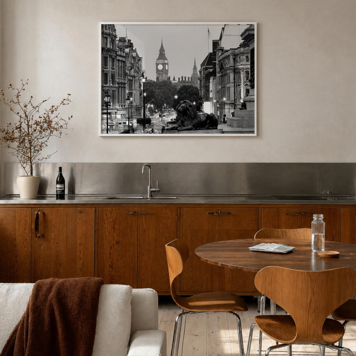 London no. 1 black & white photo poster of England, UK – horizontal wall art in white wood frame, hanging on wall