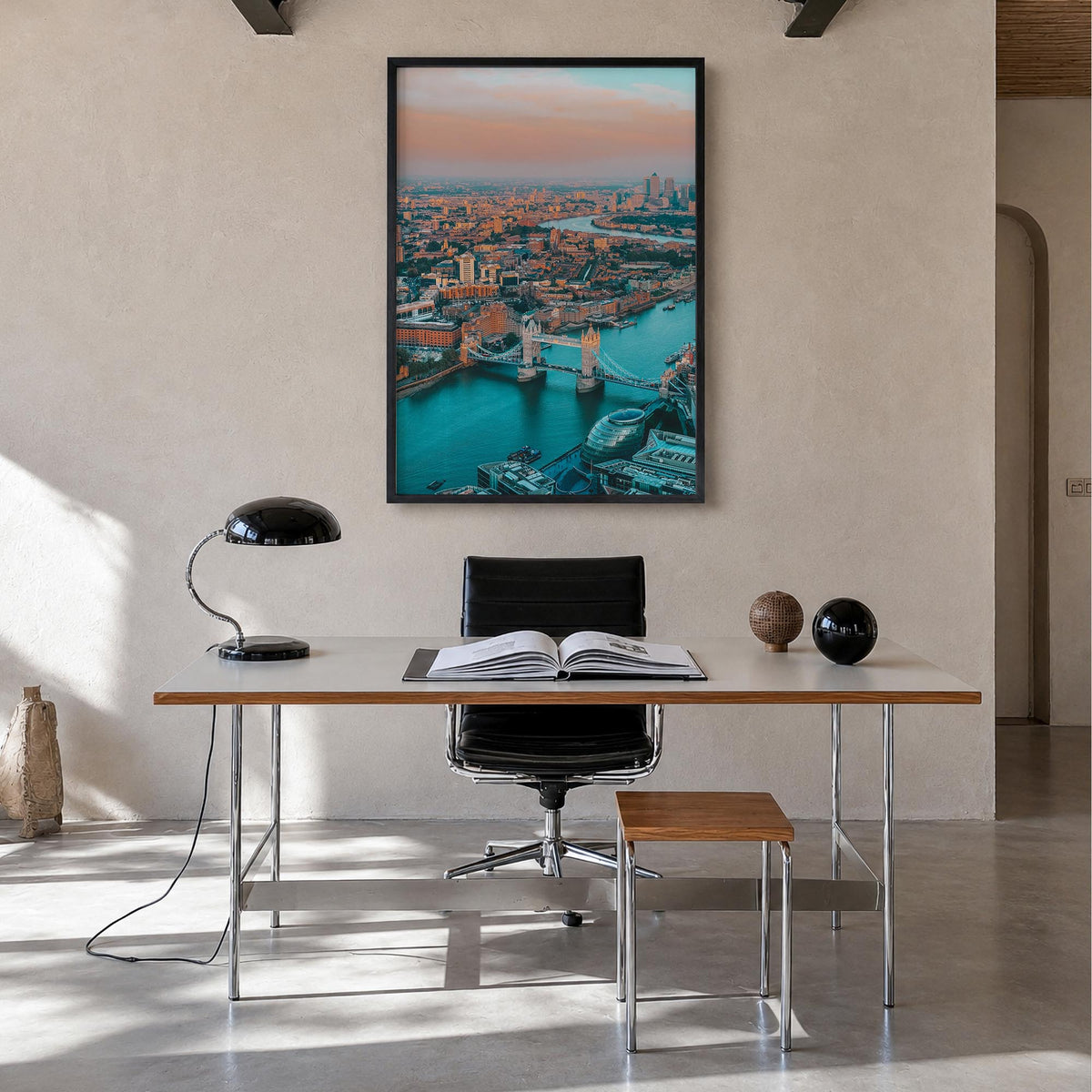 London no. 1 colorful photo poster of England, UK – vertical wall art in black wood frame, hanging on wall