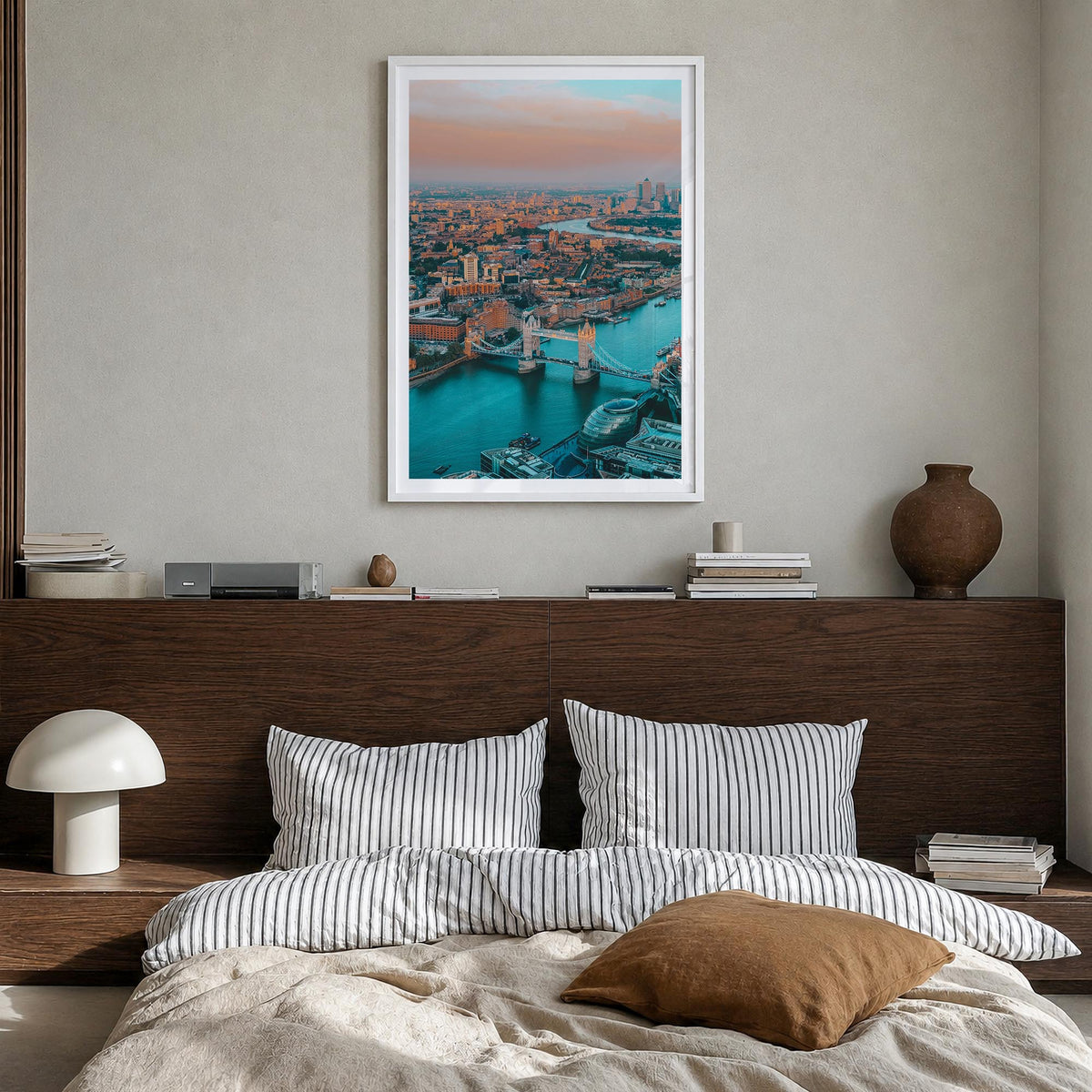 London no. 1 colorful photo poster of England, UK – vertical wall art in white wood frame with white border, hanging on wall