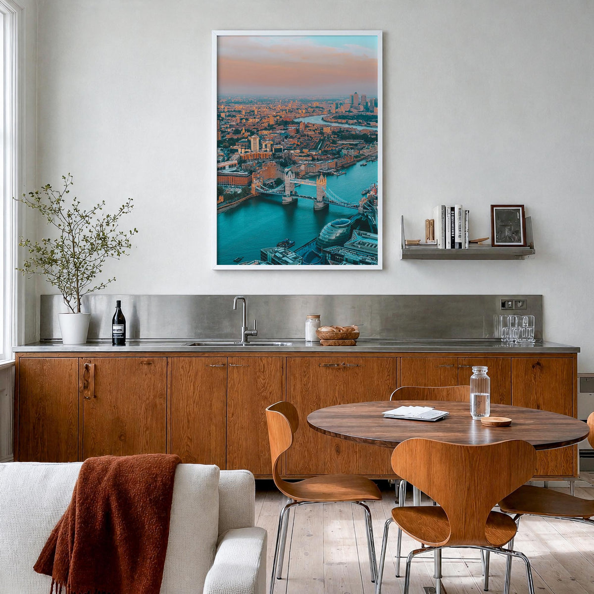 London no. 1 colorful photo poster of England, UK – vertical wall art in white wood frame, hanging on wall