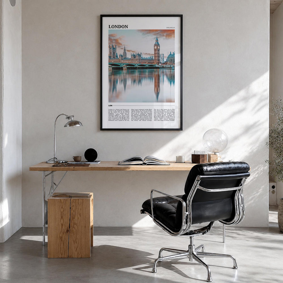 London no. 1 colorful travel poster of England, UK – vertical wall art in black wood frame, hanging on wall