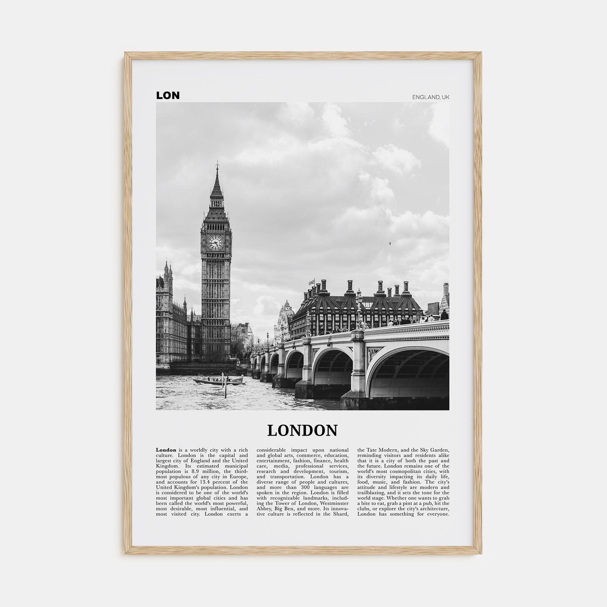 London No 1 Poster Natural Wood / 8x12 in Nbourhood Travel B&W Poster