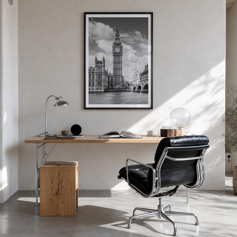 London no. 2 black & white photo poster of England, UK – vertical wall art in black wood frame with white border, hanging on 