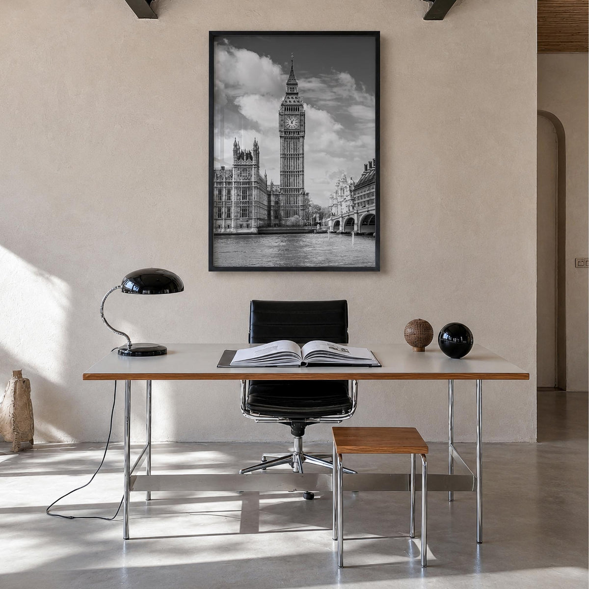 London no. 2 black & white photo poster of England, UK – vertical wall art in black wood frame, hanging on wall