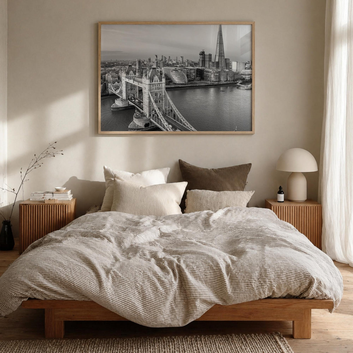 London no. 2 black & white photo poster of England, UK – horizontal wall art in natural wood frame, hanging on wall