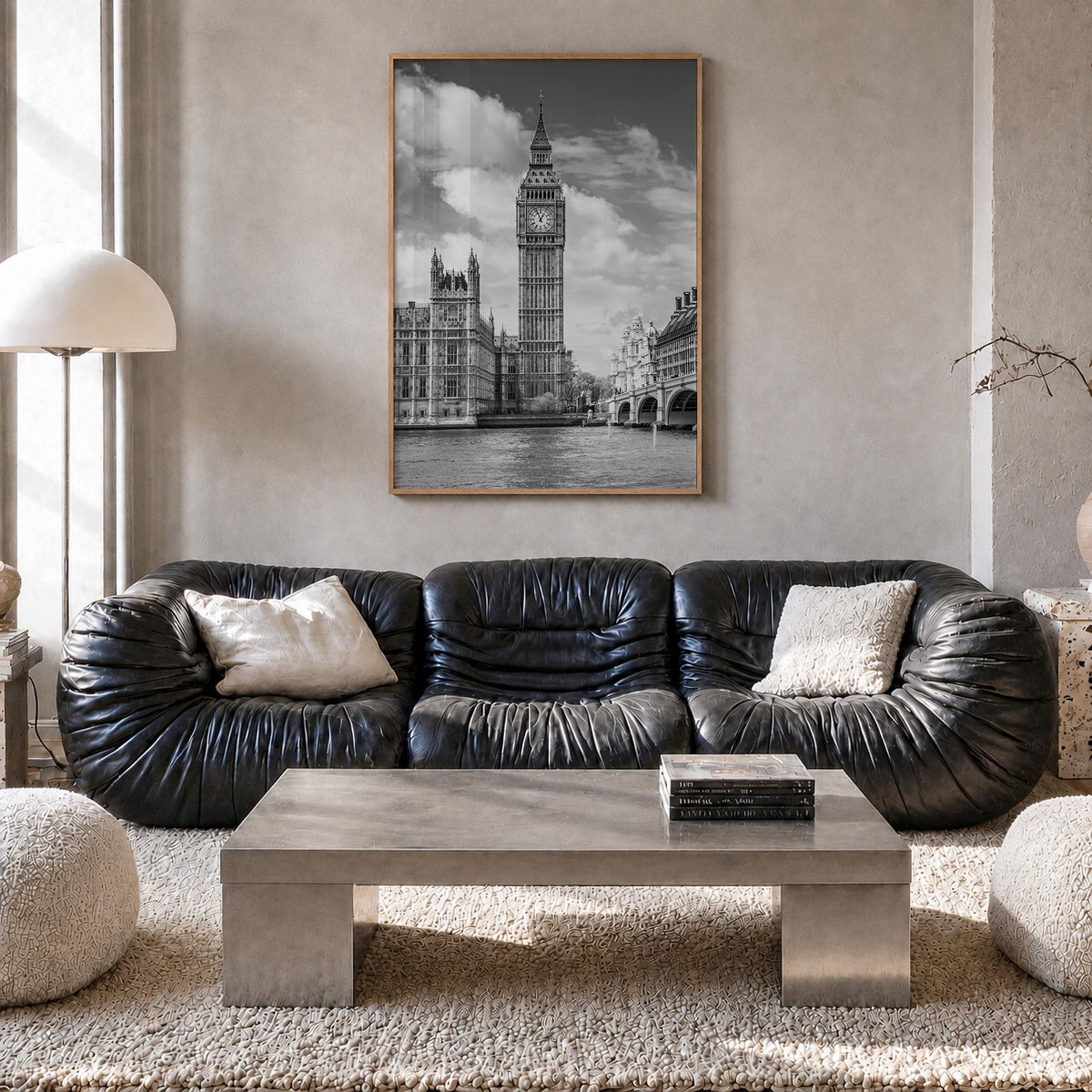 London no. 2 black & white photo poster of England, UK – vertical wall art in natural wood frame, hanging on wall