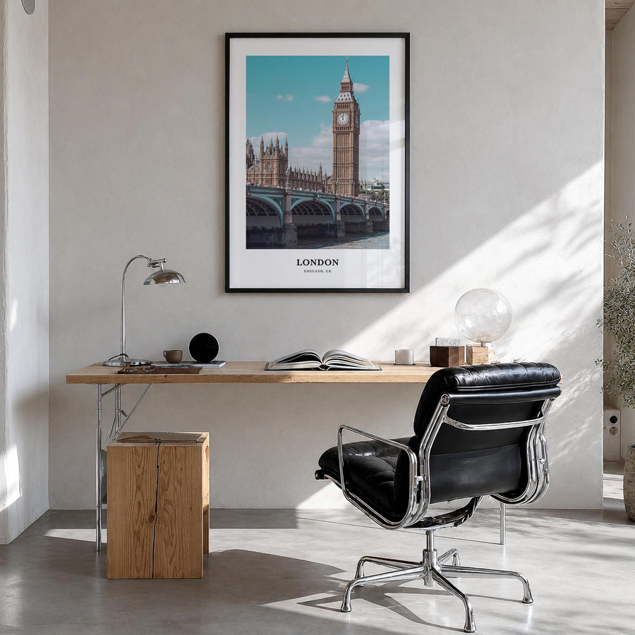 London no. 2 colorful classic poster of England, UK – vertical wall art in black wood frame, hanging on wall