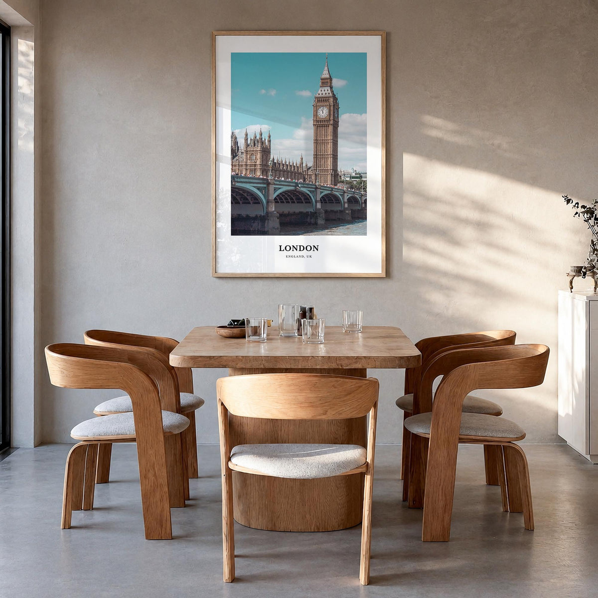 London no. 2 colorful classic poster of England, UK – vertical wall art in natural wood frame, hanging on wall