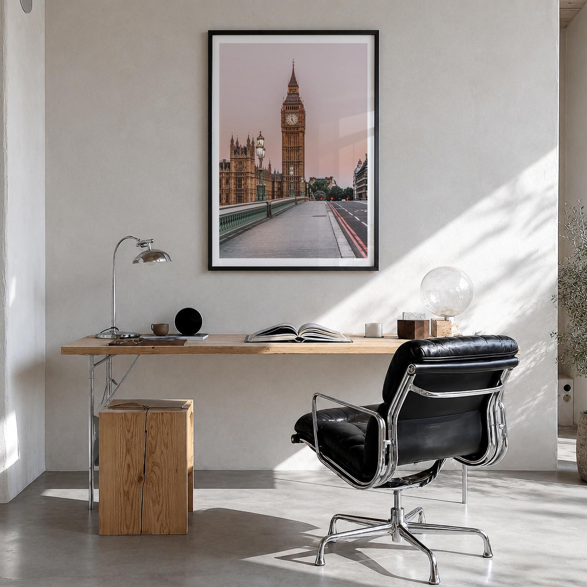 London no. 2 colorful photo poster of England, UK – vertical wall art in black wood frame with white border, hanging on wall