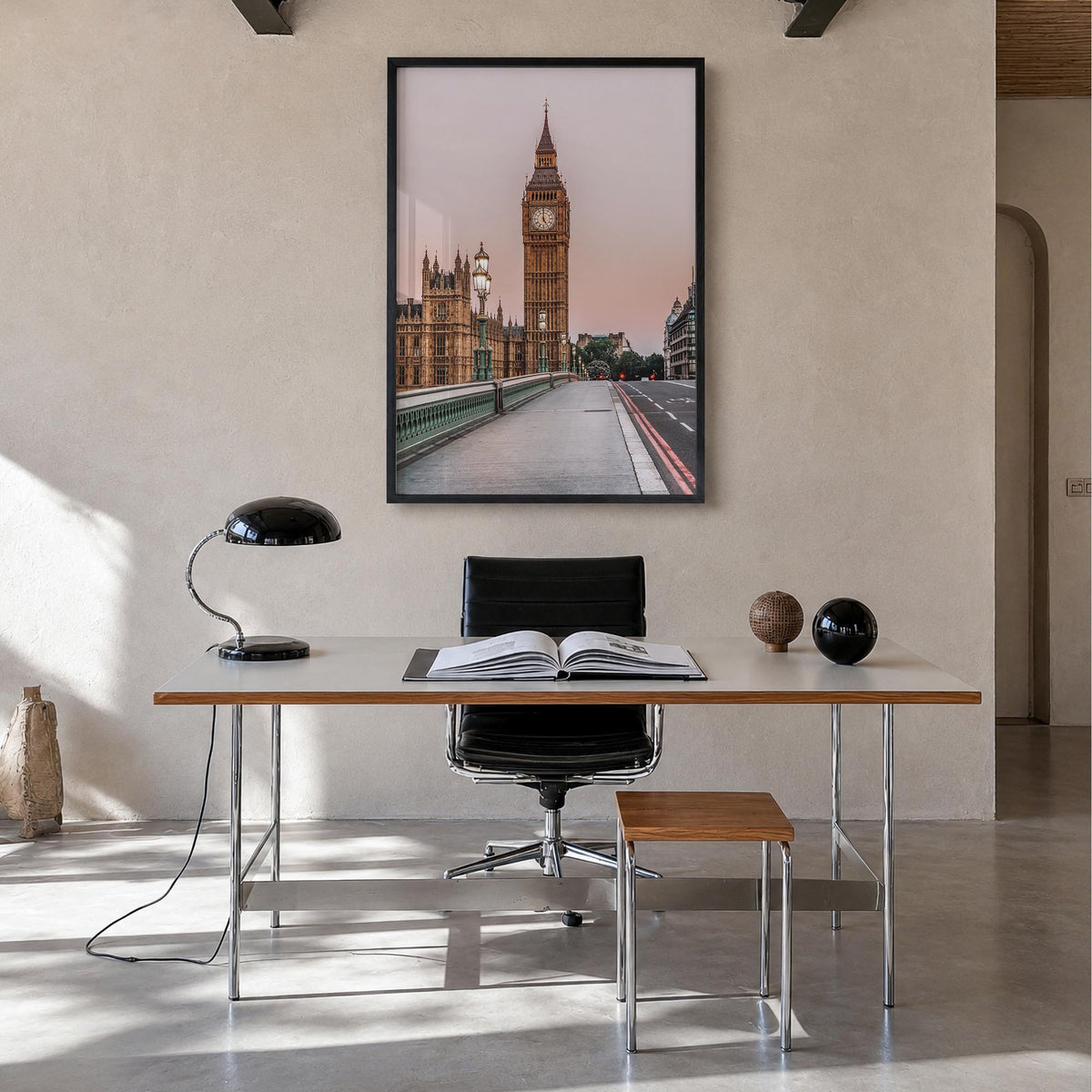 London no. 2 colorful photo poster of England, UK – vertical wall art in black wood frame, hanging on wall