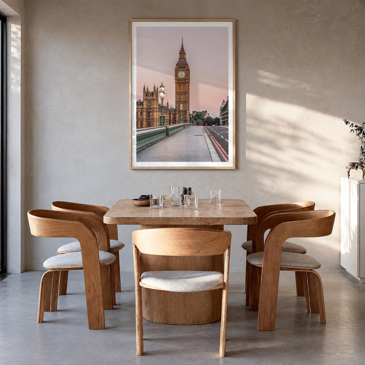 London no. 2 colorful photo poster of England, UK – vertical wall art in natural wood frame with white border, hanging on wal