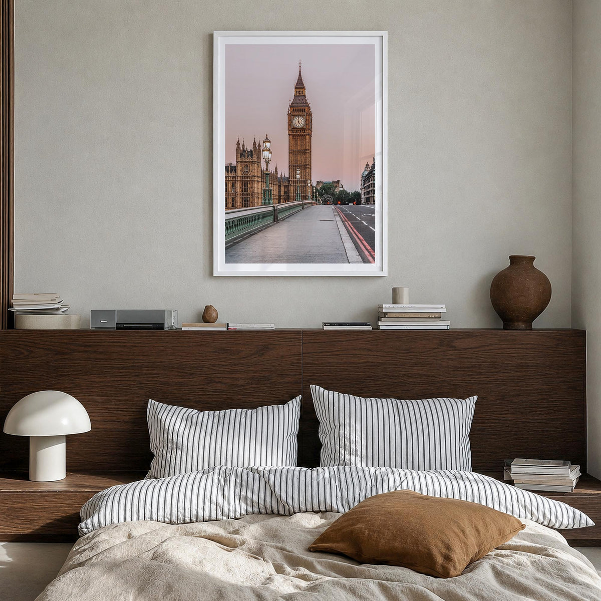 London no. 2 colorful photo poster of England, UK – vertical wall art in white wood frame with white border, hanging on wall