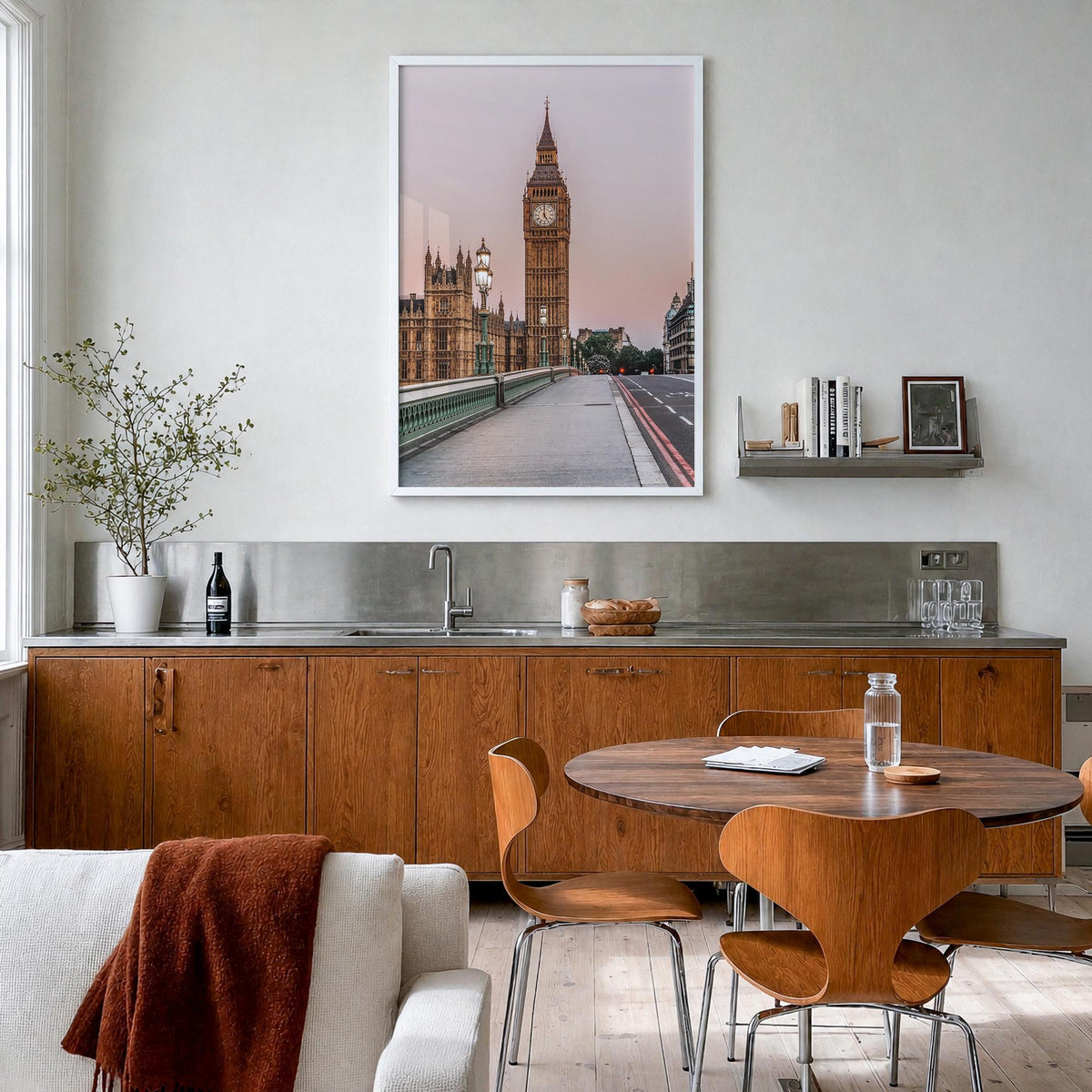 London no. 2 colorful photo poster of England, UK – vertical wall art in white wood frame, hanging on wall