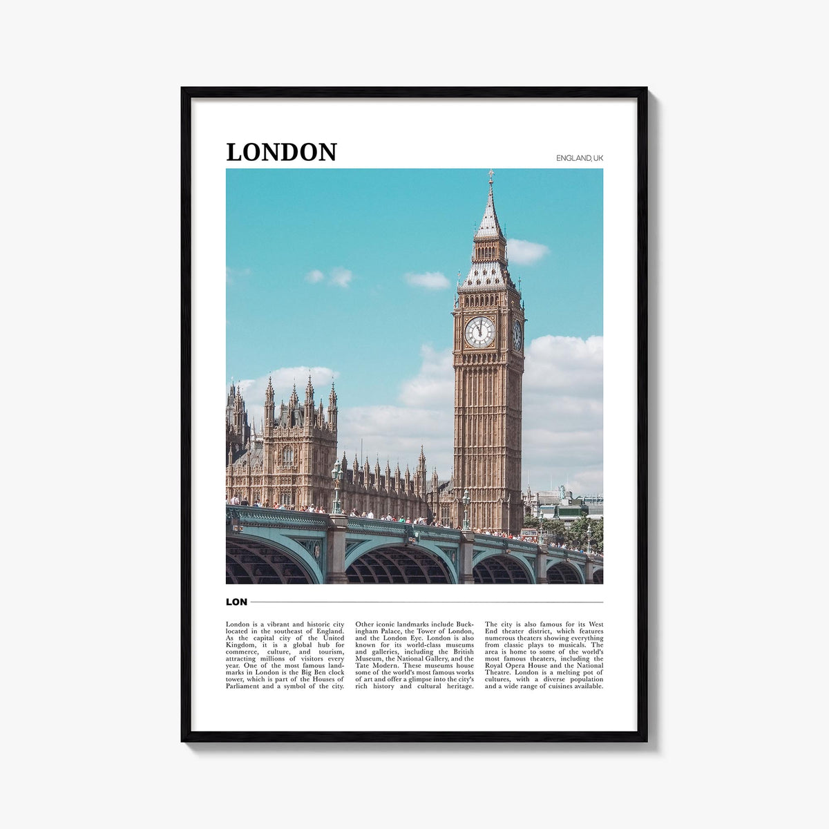 London no. 2 colorful travel poster of England, UK – vertical wall art, unframed print shown in interior mockup