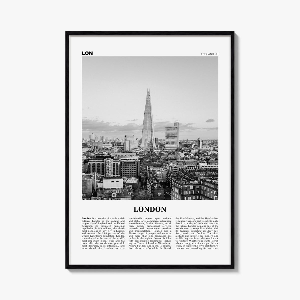 London no. 3 black & white newspaper poster of England, UK – vertical wall art, unframed print shown in interior mockup