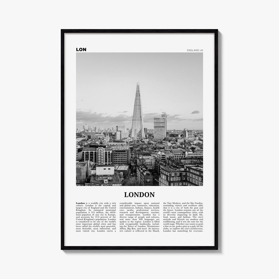 London no. 3 black & white newspaper poster of England, UK – vertical wall art, unframed print shown in interior mockup