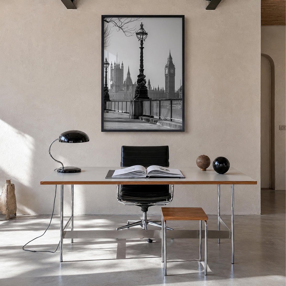 London no. 3 black & white photo poster of England, UK – vertical wall art in black wood frame, hanging on wall