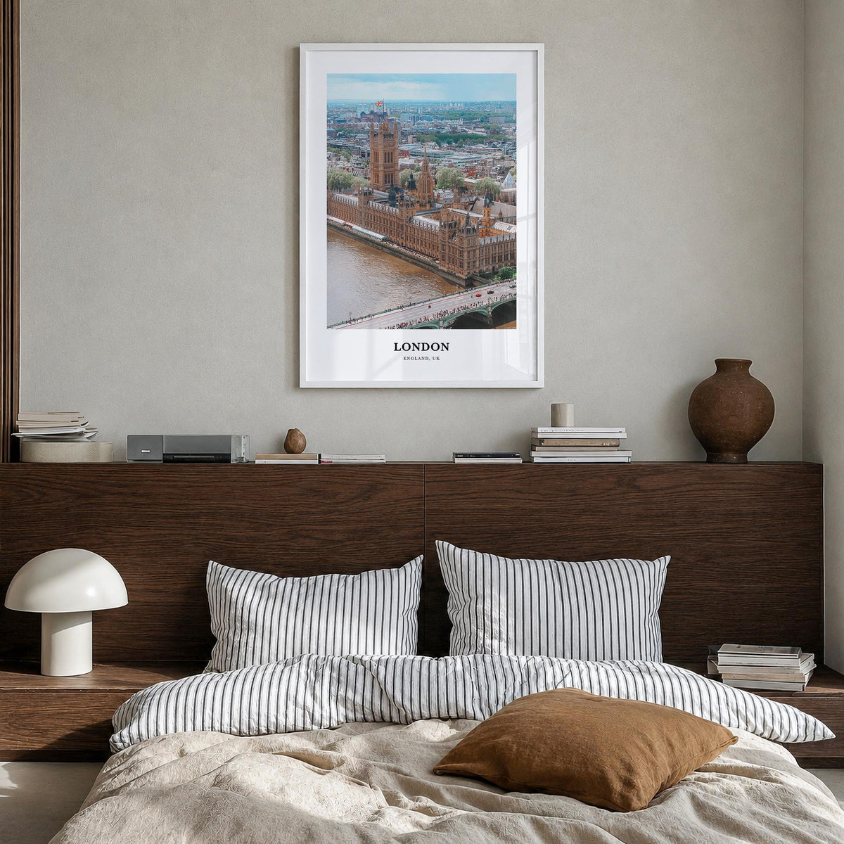 London no. 3 colorful classic poster of England, UK – vertical wall art in white wood frame, hanging on wall