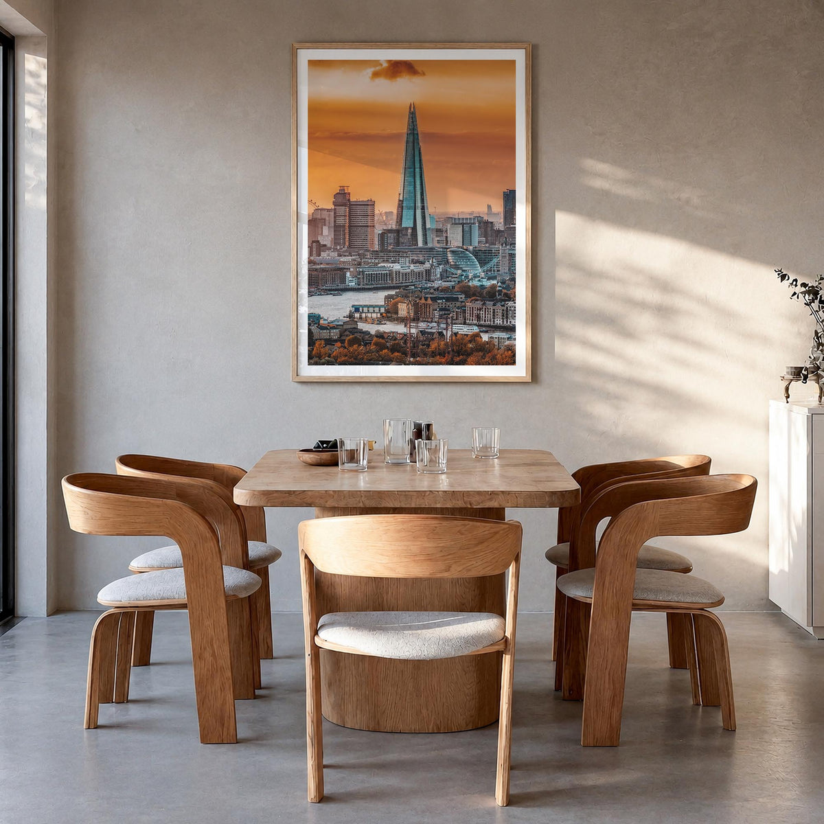 London no. 3 colorful photo poster of England, UK – vertical wall art in natural wood frame with white border, hanging on wal