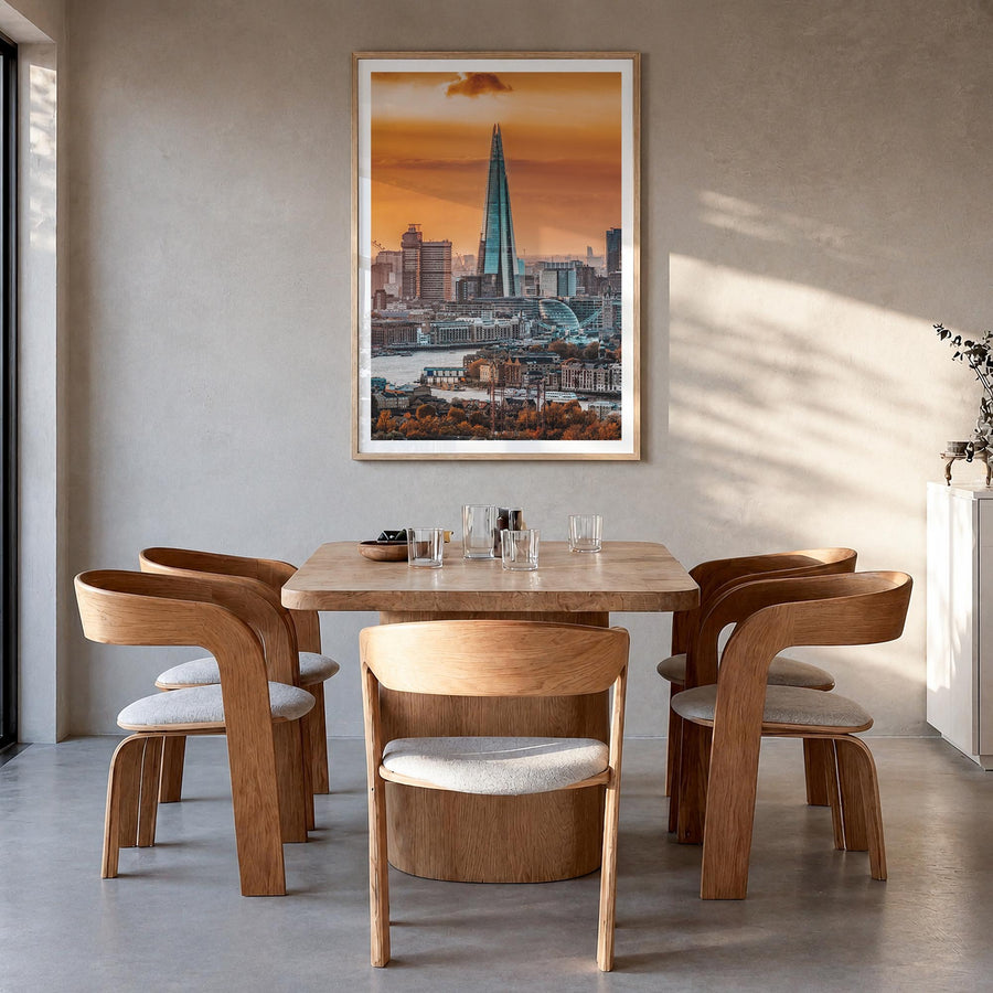London no. 3 colorful photo poster of England, UK – vertical wall art in natural wood frame with white border, hanging on wal
