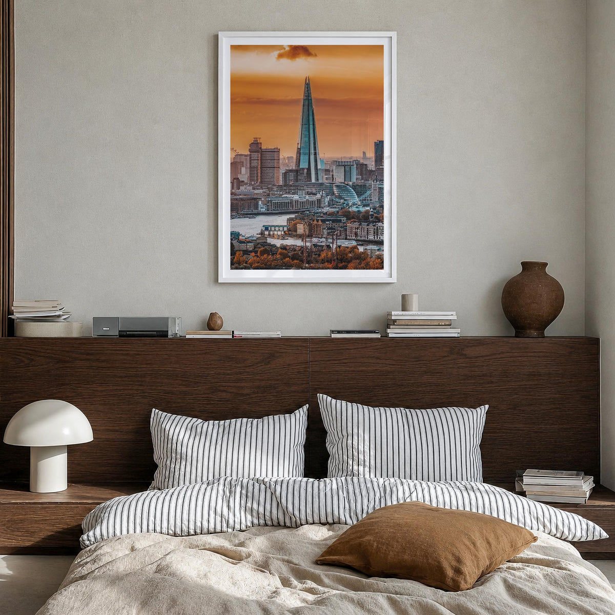 London no. 3 colorful photo poster of England, UK – vertical wall art in white wood frame with white border, hanging on wall