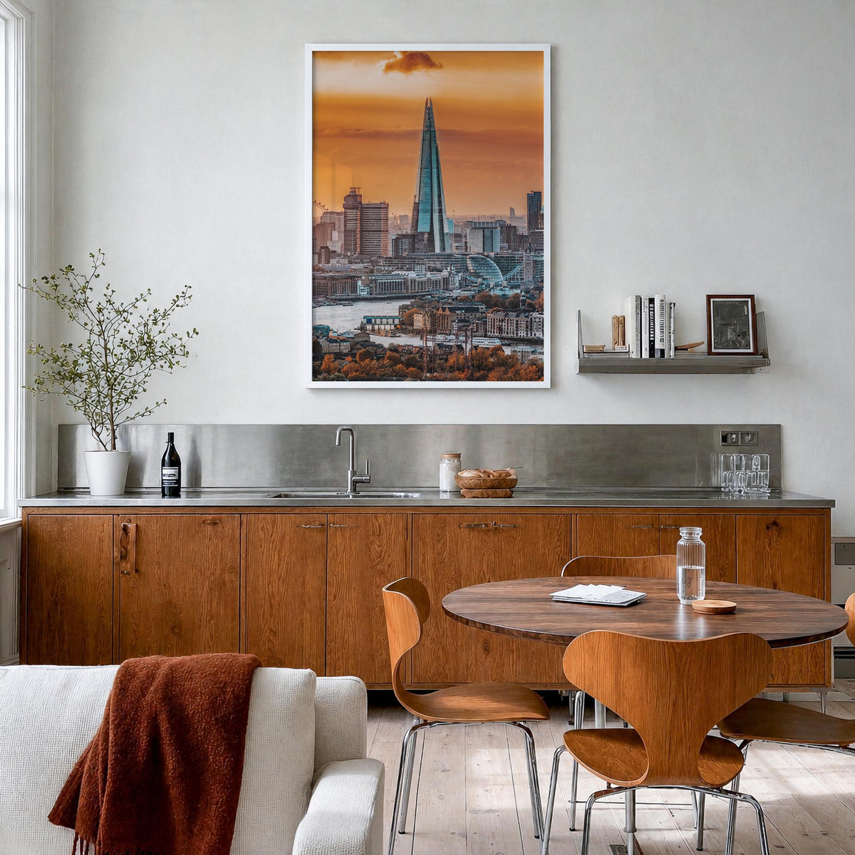 London no. 3 colorful photo poster of England, UK – vertical wall art in white wood frame, hanging on wall