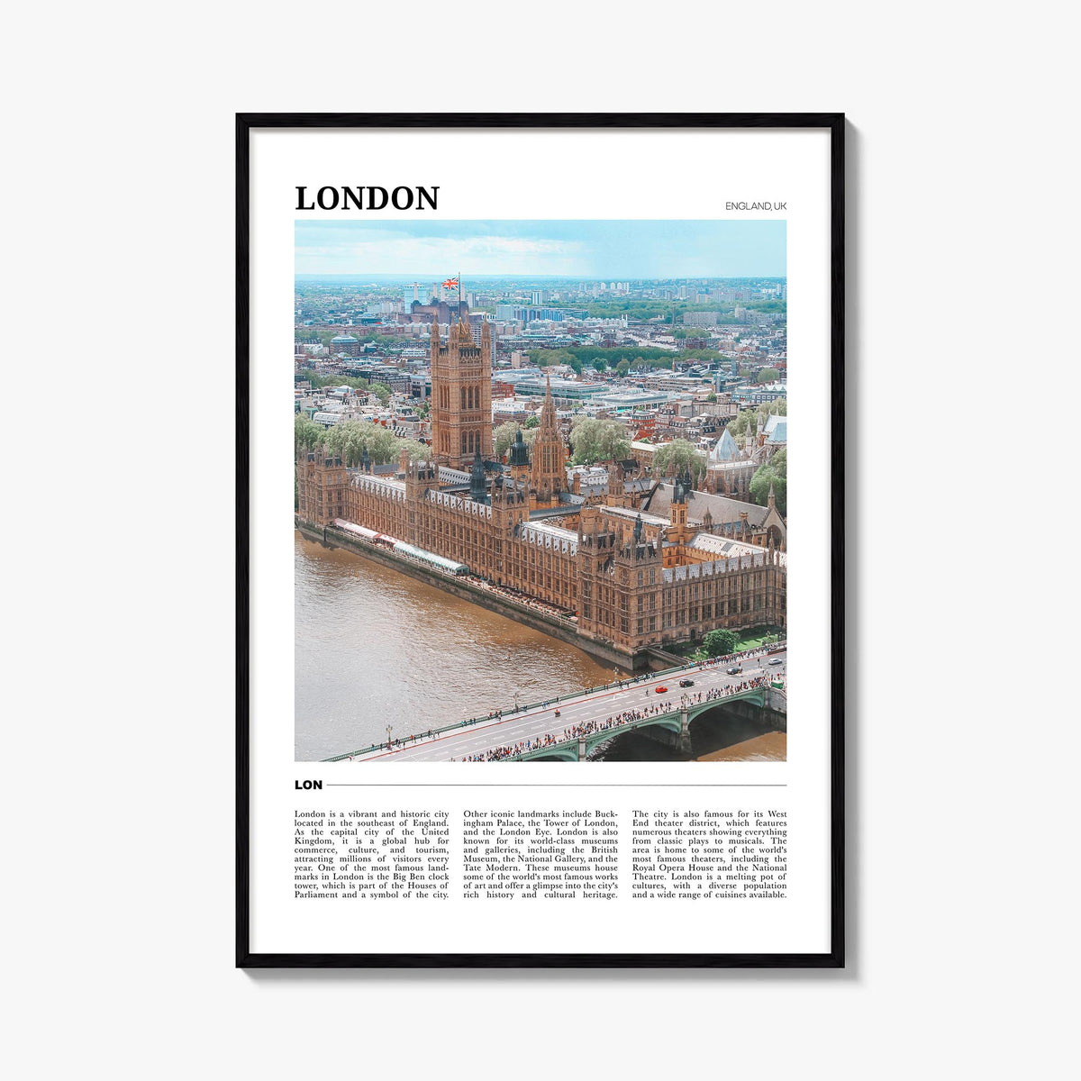 London no. 3 colorful travel poster of England, UK – vertical wall art, unframed print shown in interior mockup