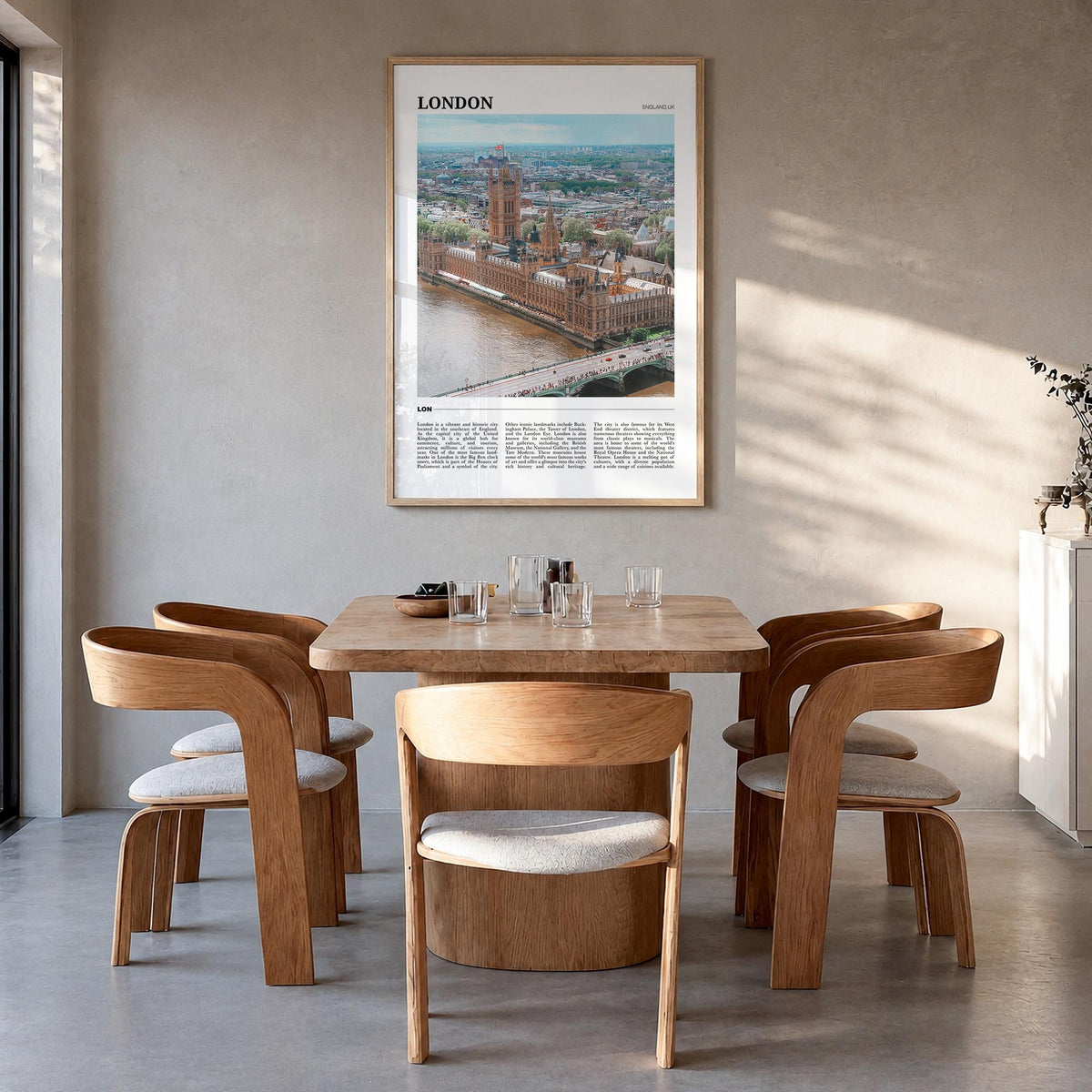 London no. 3 colorful travel poster of England, UK – vertical wall art in natural wood frame, hanging on wall