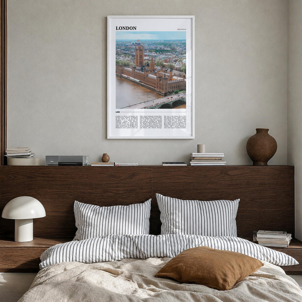 London no. 3 colorful travel poster of England, UK – vertical wall art in white wood frame, hanging on wall
