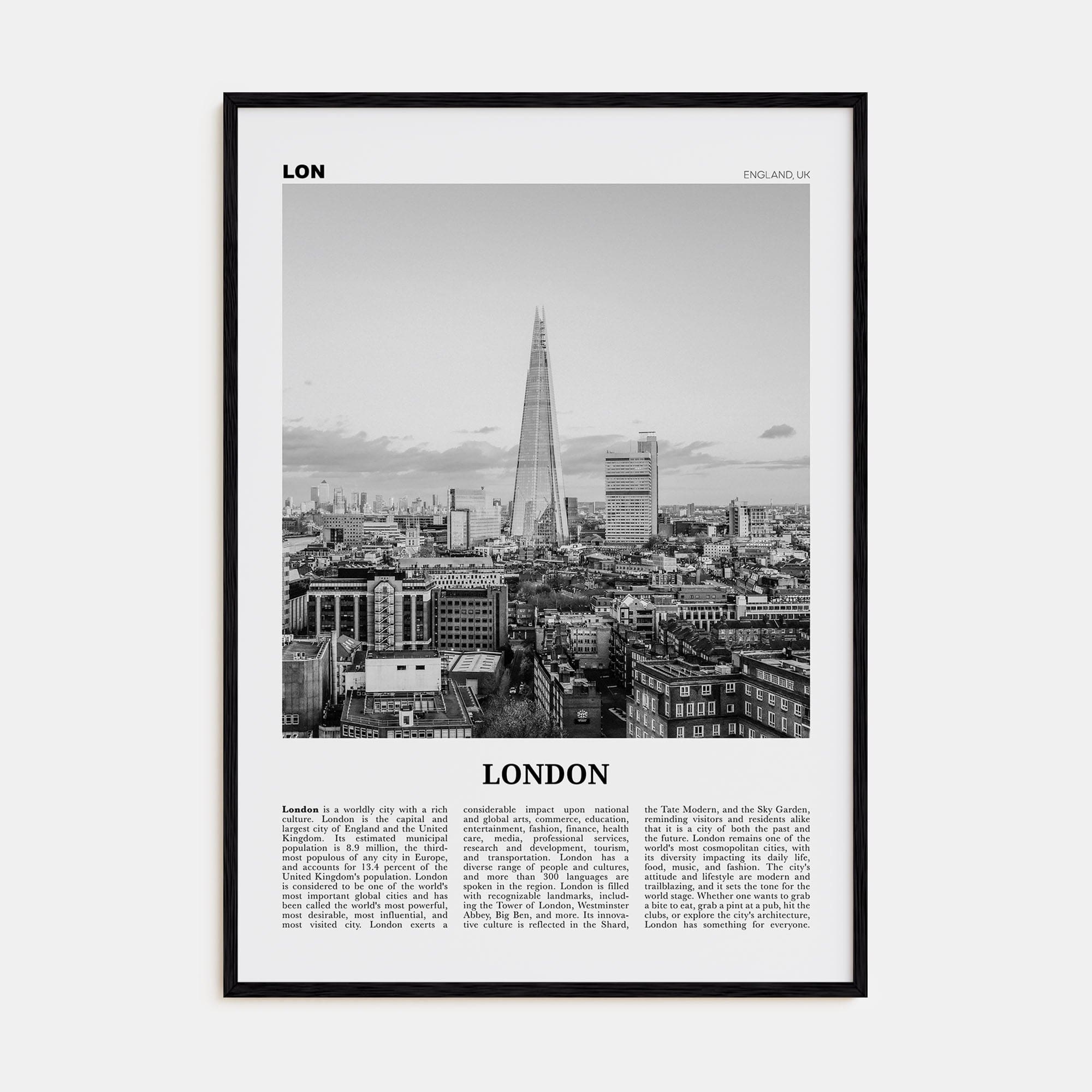 London No 3 Poster Black Wood / 8x12 in Nbourhood Travel B&W Poster