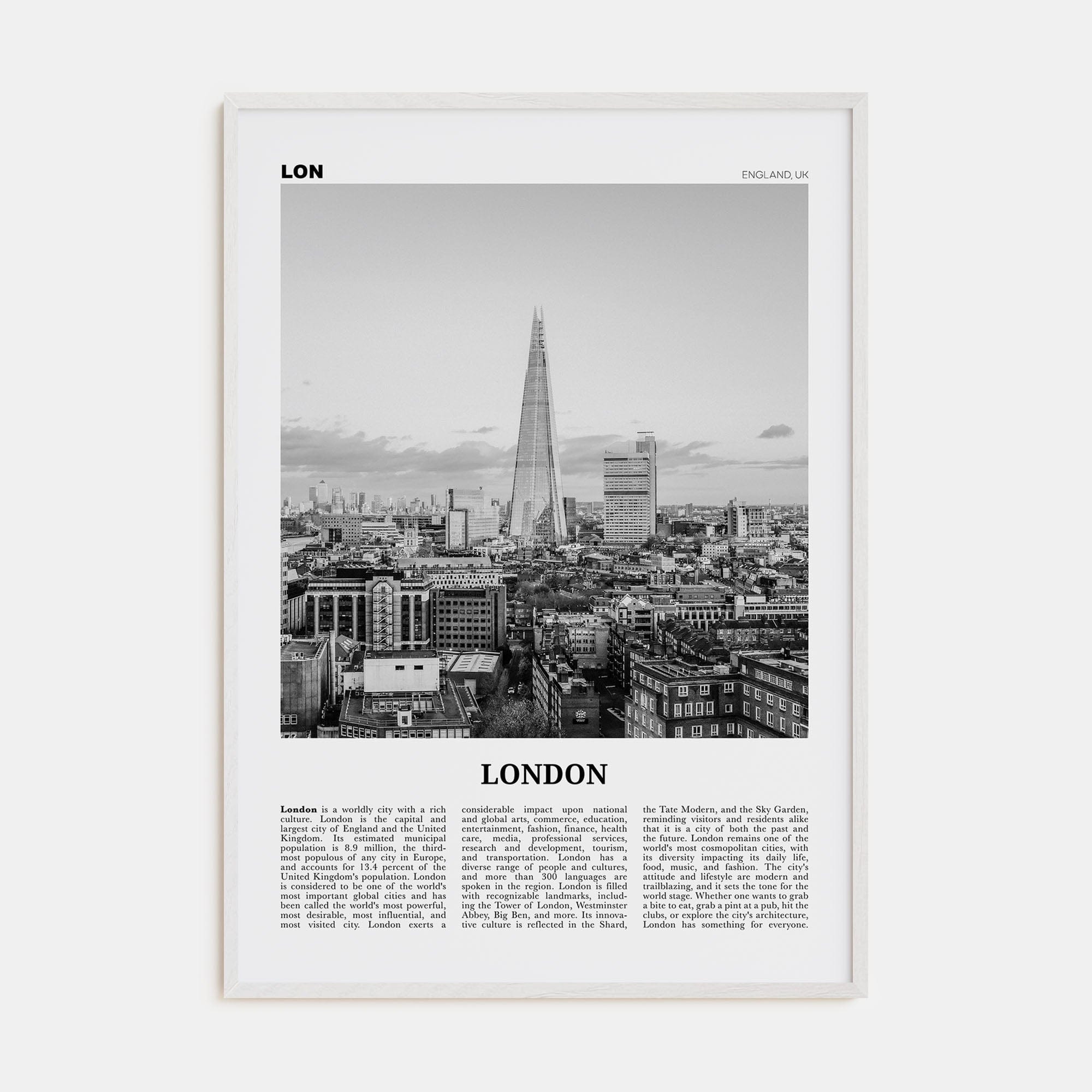 London No 3 Poster White Wood / 8x12 in Nbourhood Travel B&W Poster