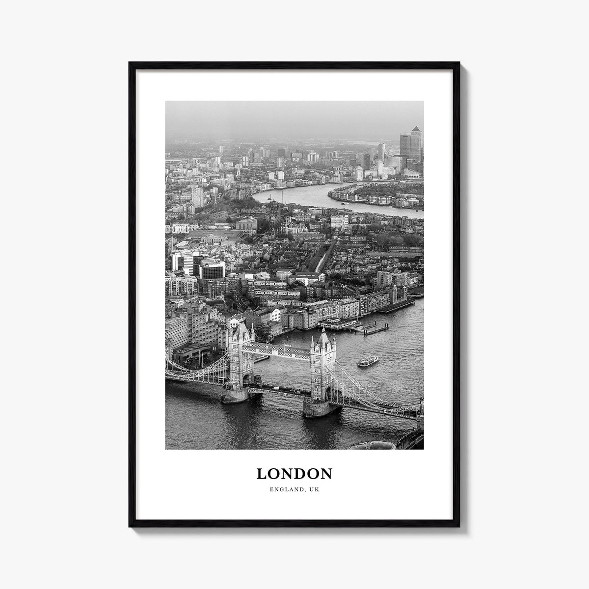 London no. 4 black & white classic poster of England, UK – vertical wall art, unframed print shown in interior mockup