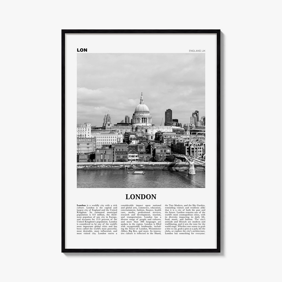 London no. 4 black & white newspaper poster of England, UK – vertical wall art, unframed print shown in interior mockup