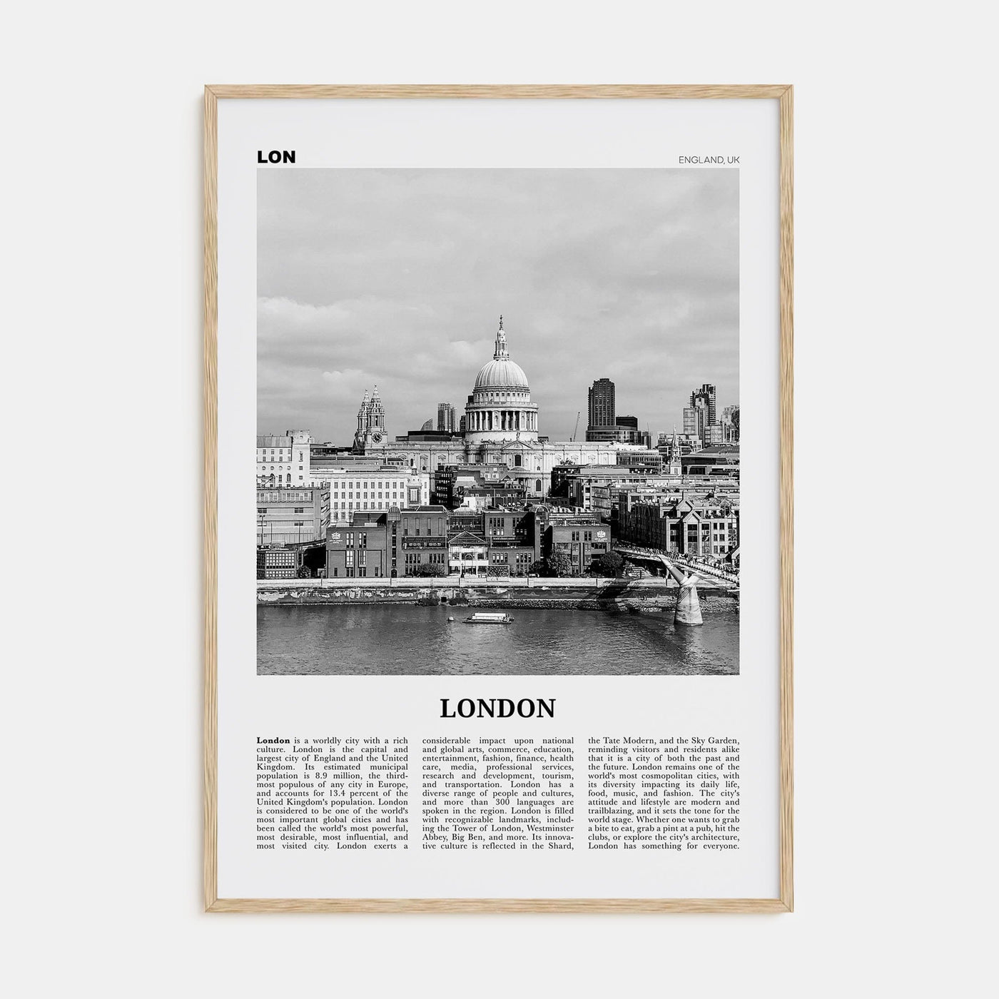 London No 4 Poster Natural Wood / 8x12 in Nbourhood Travel B&W Poster