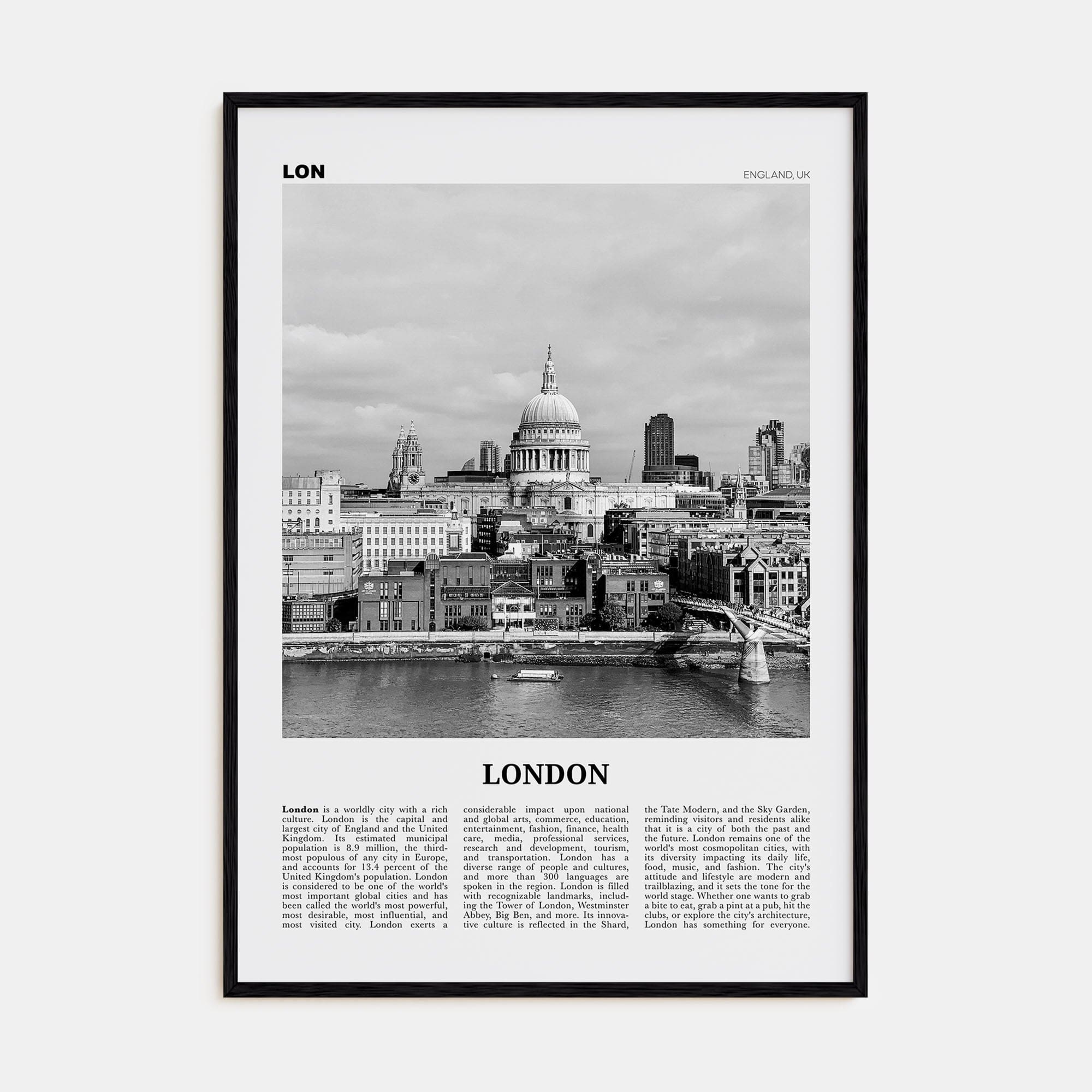 London No 4 Poster Black Wood / 8x12 in Nbourhood Travel B&W Poster