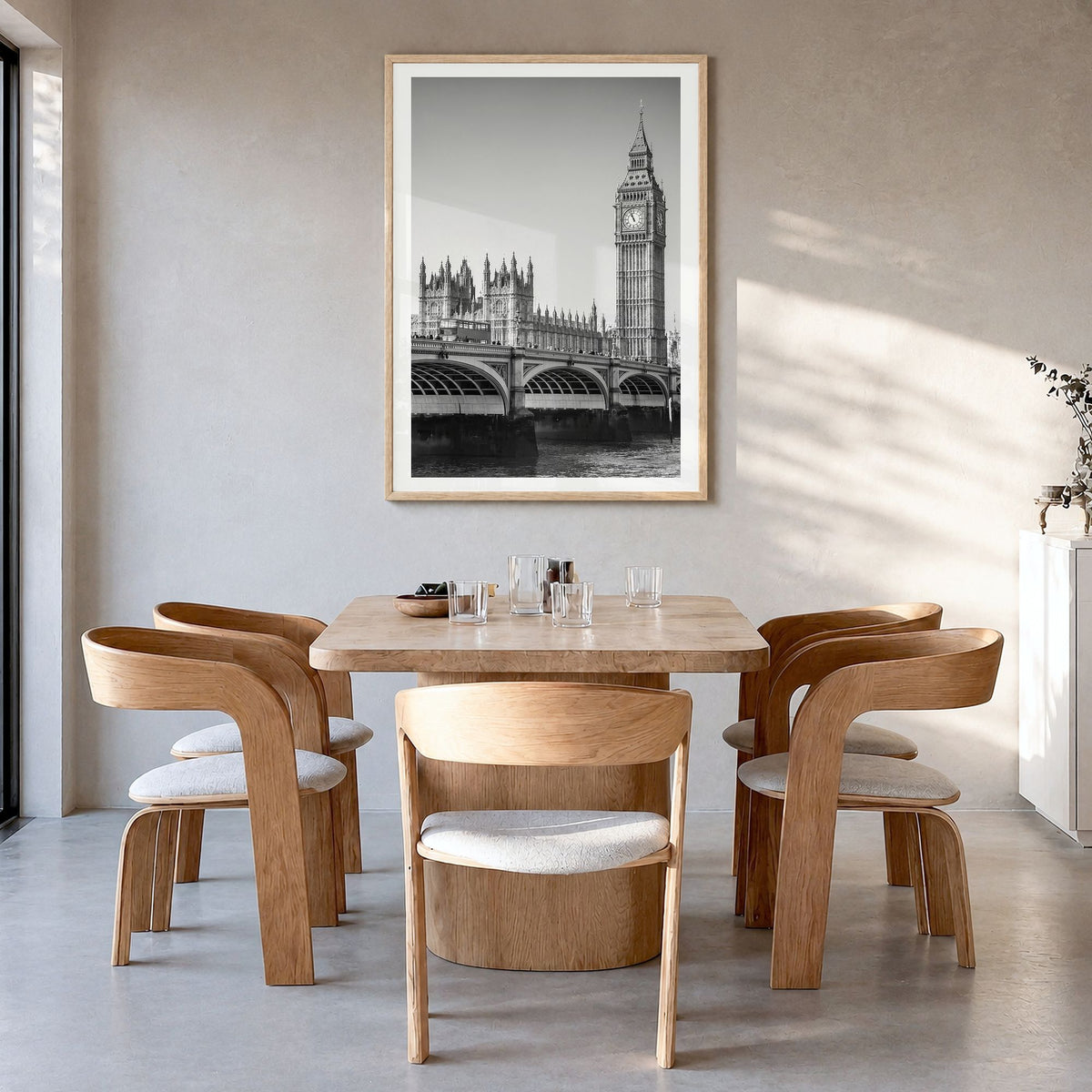 London Photo No 1 Poster in a natural wood frame, hanging in a dining room, white border