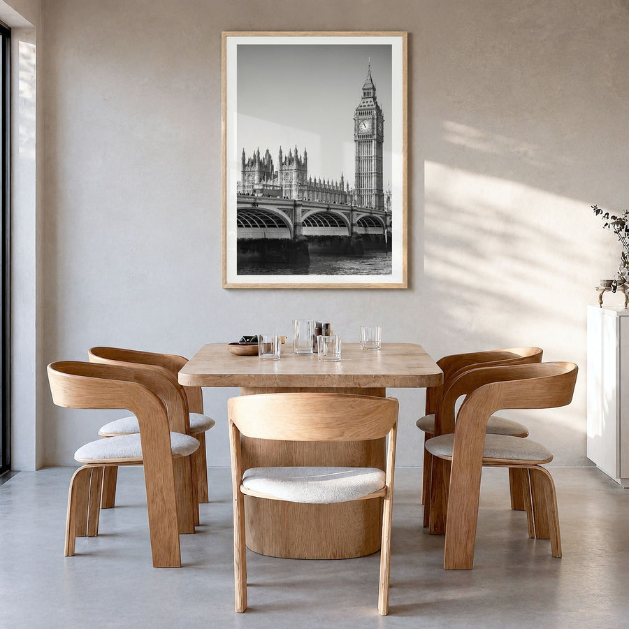 London Photo No 1 Poster in a natural wood frame, hanging in a dining room, white border