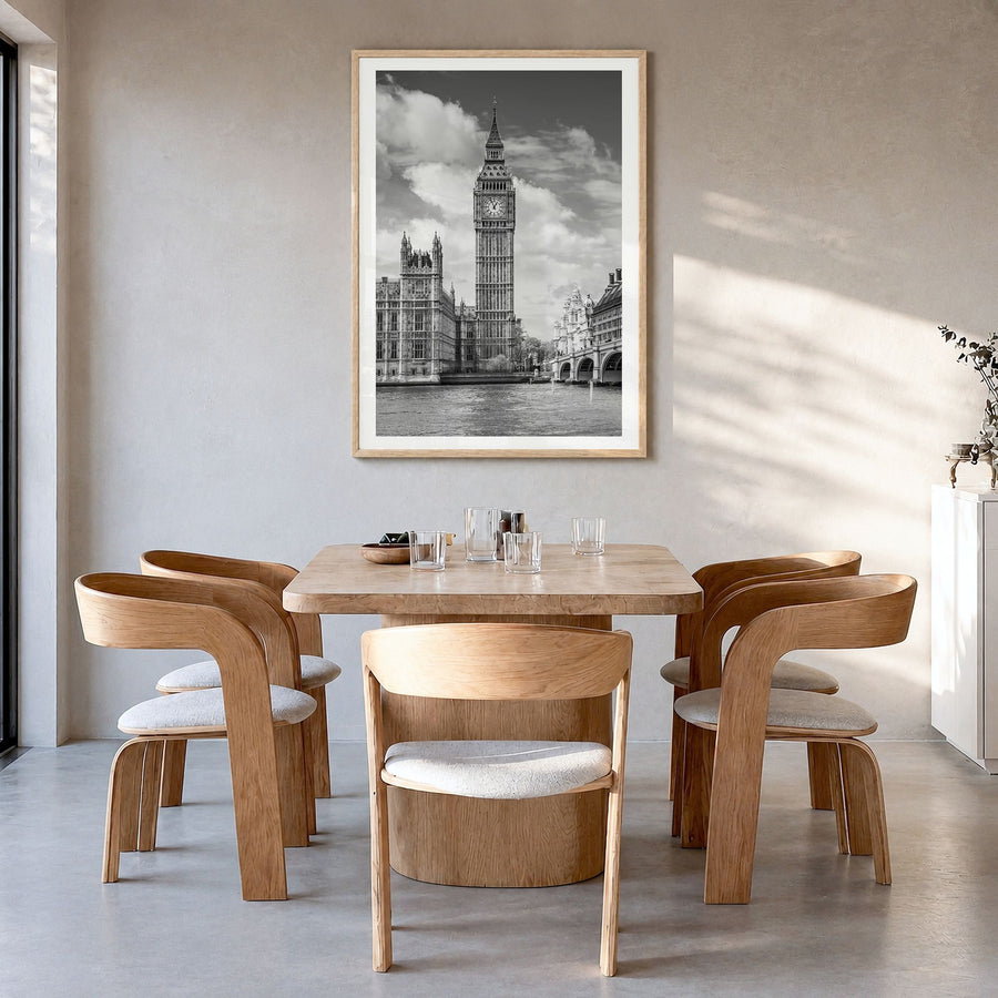 London Photo No 2 Poster in a natural wood frame, hanging in a dining room, white border