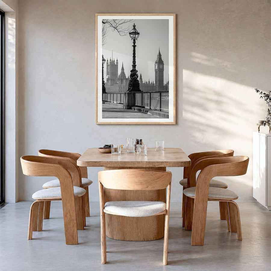 London Photo No 3 Poster in a natural wood frame, hanging in a dining room, white border