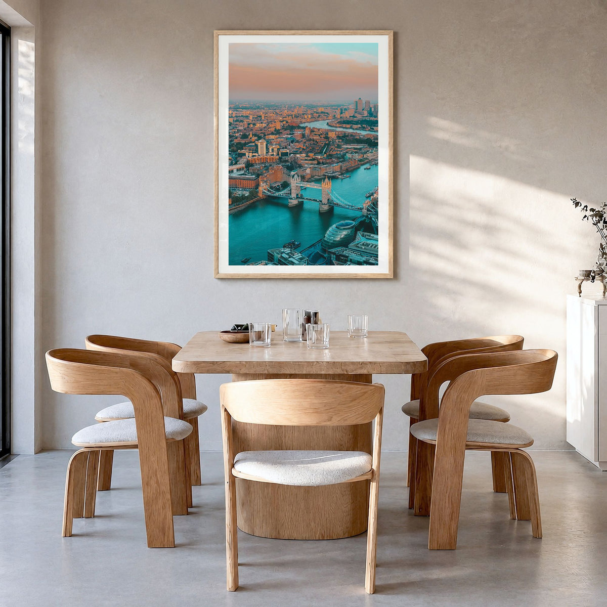 London Photo No 1 Poster in a natural wood frame, hanging in a dining room, white border