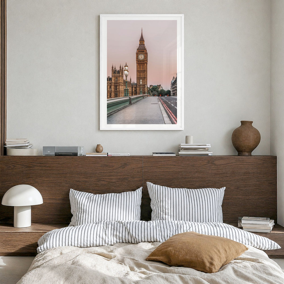 London Photo No 2 Poster in a white wood frame, hanging in a bedroom, white border