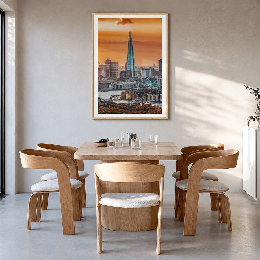 London Photo No 3 Poster in a natural wood frame, hanging in a dining room, white border